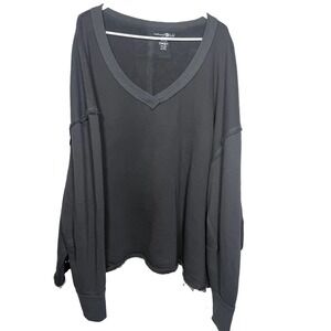Natural Life Oversized Sweatshirt L XL Gray Knit Trim Raw Hem V Neck Boho